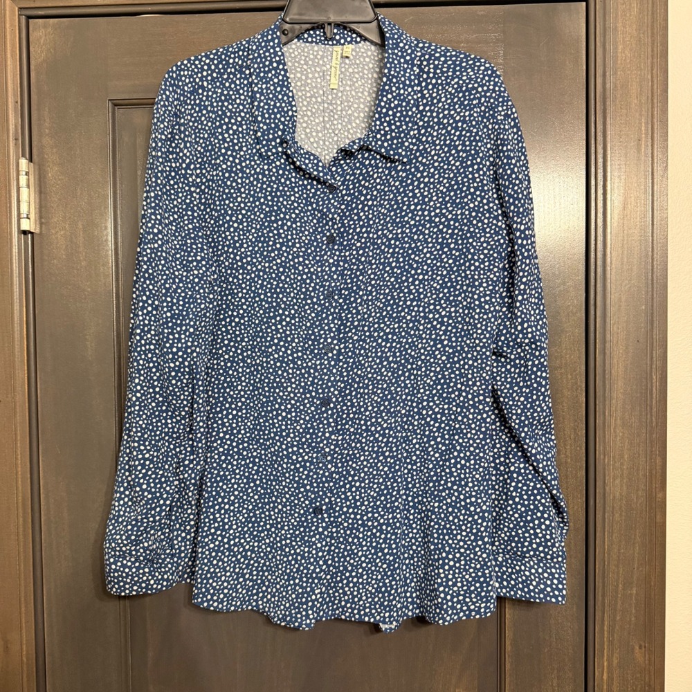 Grand & Greene Womens XL Blue White Polka Dot Rayon Button Down Shirt